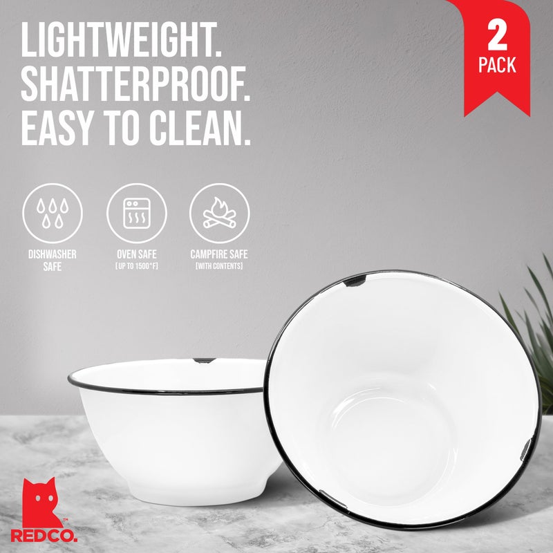 Red Co. Set of 2 Enamelware Metal Large Classic 4 quart Round Salad Serving Bowl, Distressed White/Black Rim - Image 2
